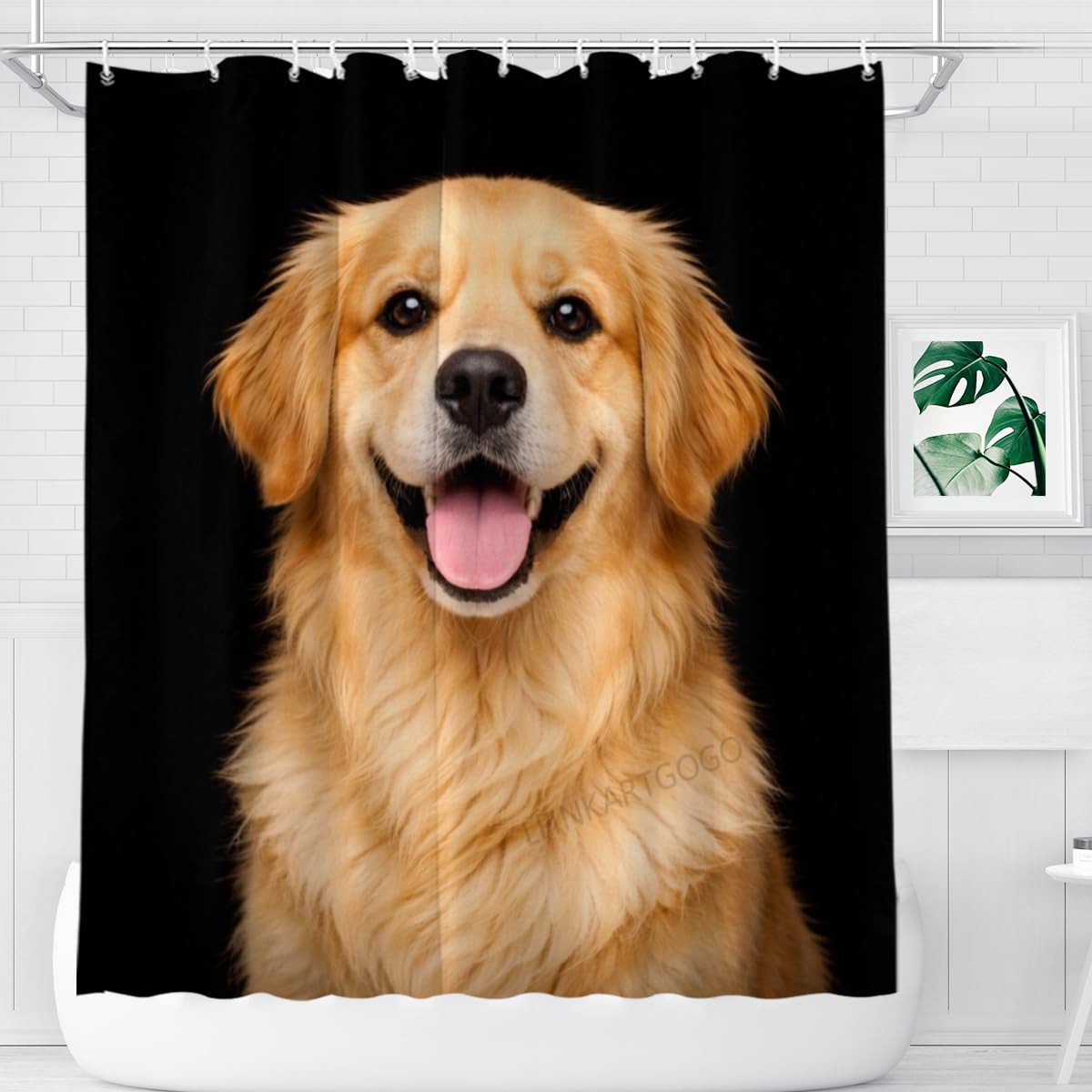 LFINKARTGOGO Golden Retriever Shower Curtain 72x72 Inch with 12 Hooks Funny Farm Animal Bathroom Decor Black Background Waterproof Washable Polyester Bath Curtain