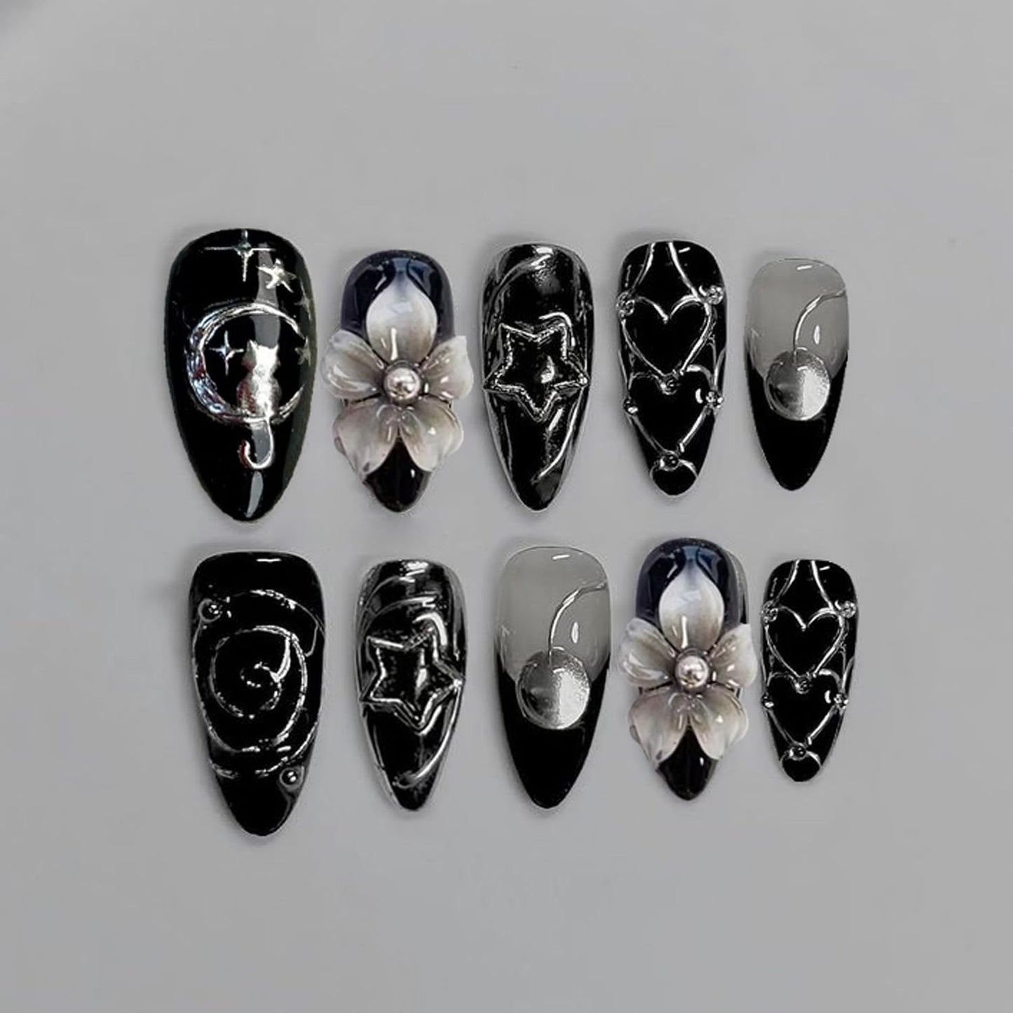 Black Chrome Press on Nails - Medium Almond Gothic Fake Nails with 3D Flower Cat Star Silver Heart Rhinestones Designs, Handmade Y2K Sweet Cool False Acrylic Nails for Women Daily Party 24Pcs Nail Kit