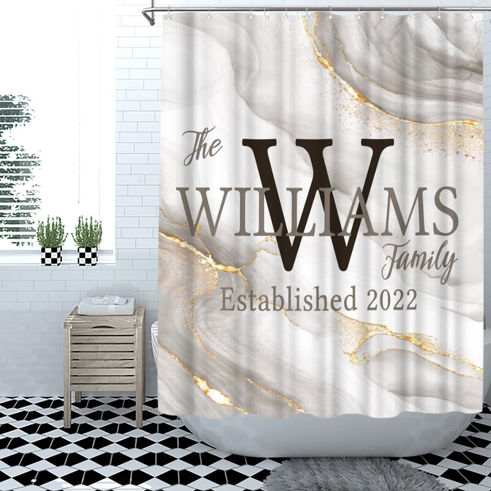 iLOOKLiKE Abstract Marble Shower Curtain Personalized Family Last Name Custom Monogram Grey Jade Texture Gold Stripes Bathroom Curtain Set Modern Durable Fabric Polyester 72x72inch with Hooks