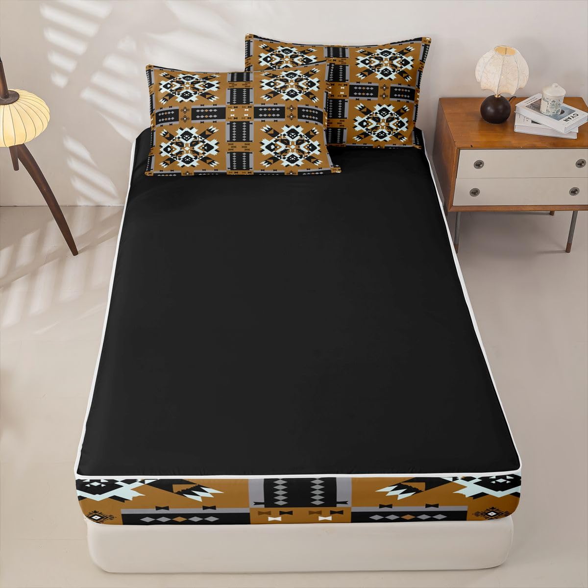 Caramel Tan Southwestern Full Zipper Comforter Set,Lightweight Aztec Tribal 4 Piece Complete Bedding Set Bed in a Bag with Fitted Sheet & Pillowcases,Black and White Geometric for Kids Boys Teen Girls