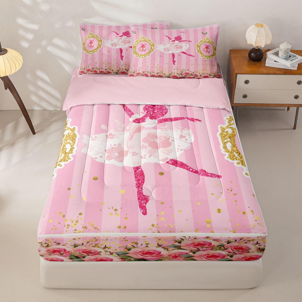 Feelyou Ballet Dancer Queen Comforter Set with Fitted Sheet for Girls Boys Kids Ballet Shoes Comforter Room Decorbotanical Floral Zipper Bedding Sets Glitter Gold Pink Bed in A Bag Room Decor Boys