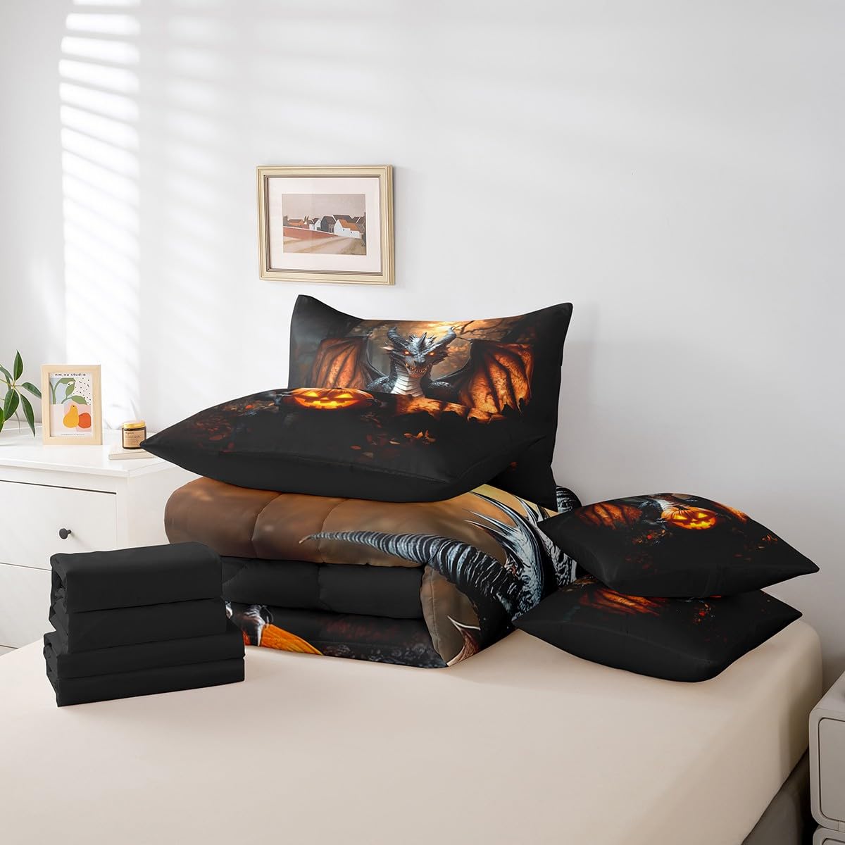 7 Pieces Pumpkin Lantern Dragon Comforter Set Queen,Happy Halloween Bed Set for Kids Boys Girls,Horror Night Bedding(1 Comforter,1 Fitted Sheet,1 Flat Sheet,2 Pillowcases,2 Throw Pillow Cover)