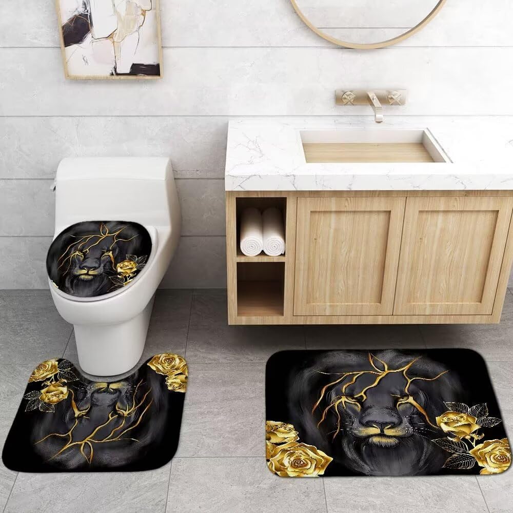 4 Piece Black and Gold Shower Curtain Set with Rugs, Majestic Lion & Golden Rose Art, Luxury Aesthetic Waterproof Fabric Bathroom Decor, Non-Slip Mats & Toilet Lid Cover
