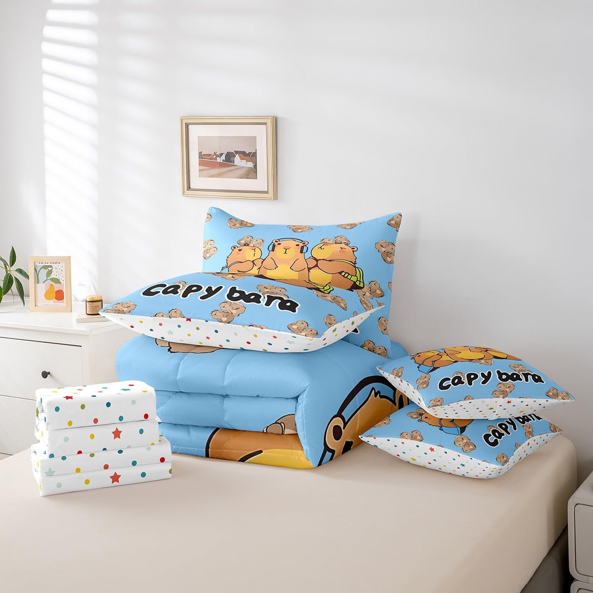 Kawaii Capybara Comforter Set 7 Piece Bed in a Bag Twin, Cartoon Rodents Bedding Sets Cute Beaver Wild Animals Pattern Comforter and Sheet Set, Wild Safari Natural Theme Wildlife Print Bed Set, Blue
