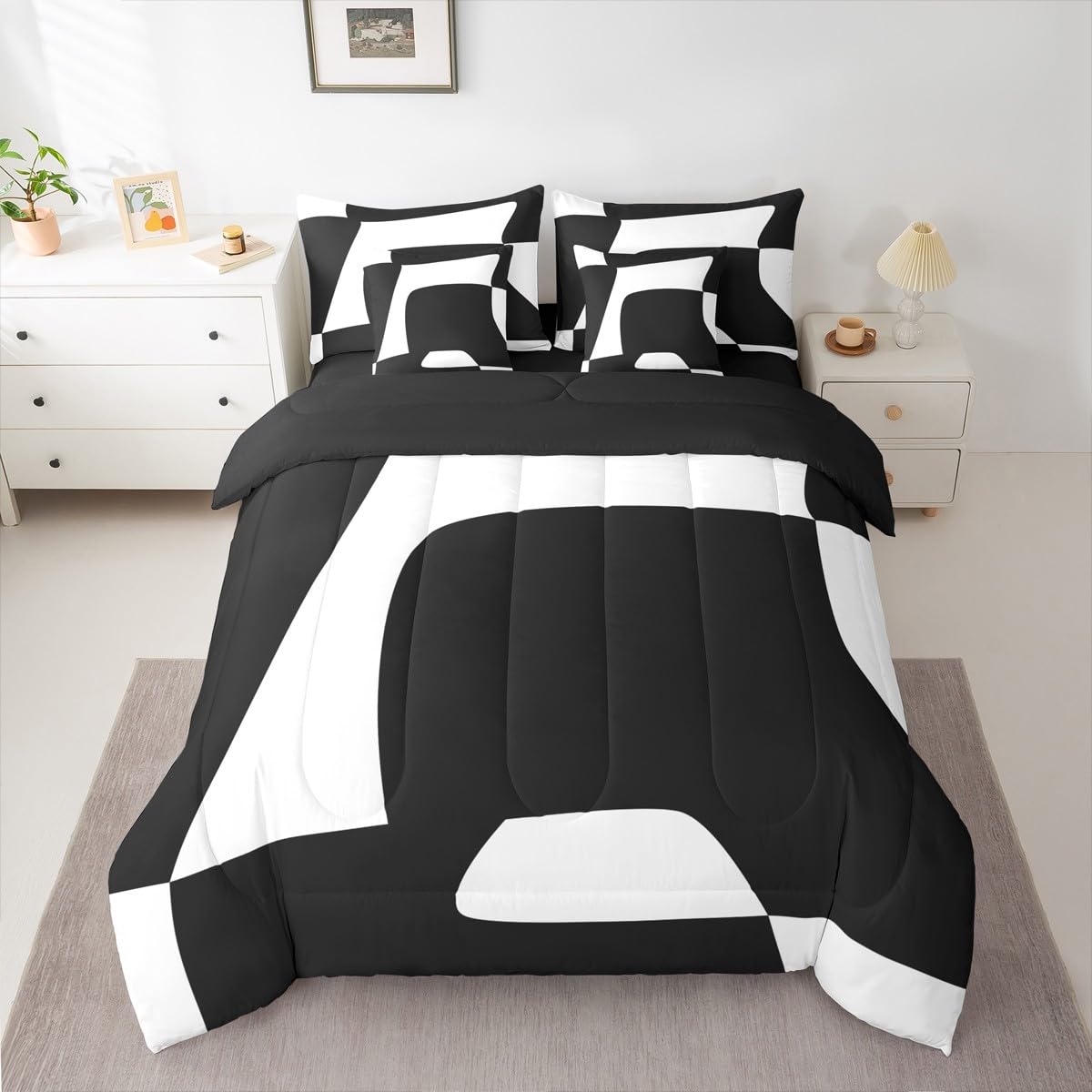 Erosebridal Black and White Abstract King 7-Piece Bedding Set for Adult Women Men Boho Geometric Striped Comforter Set Modern Art Bed in a Bag Simple Aesthetic Modern Bed Collections