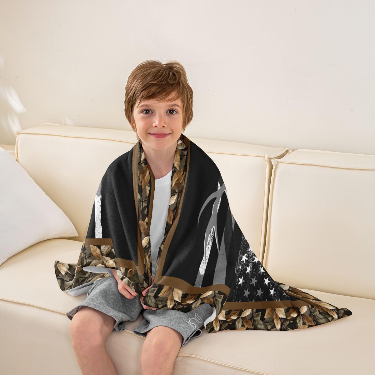 Erosebridal Wild Deer Blanket for Boys,American Flag Throw Blanket Twin 60x80 Inch,Hunting Animal Fleece Blanket All Season,Geometric Striped Fuzzy Blanket for Bedroom