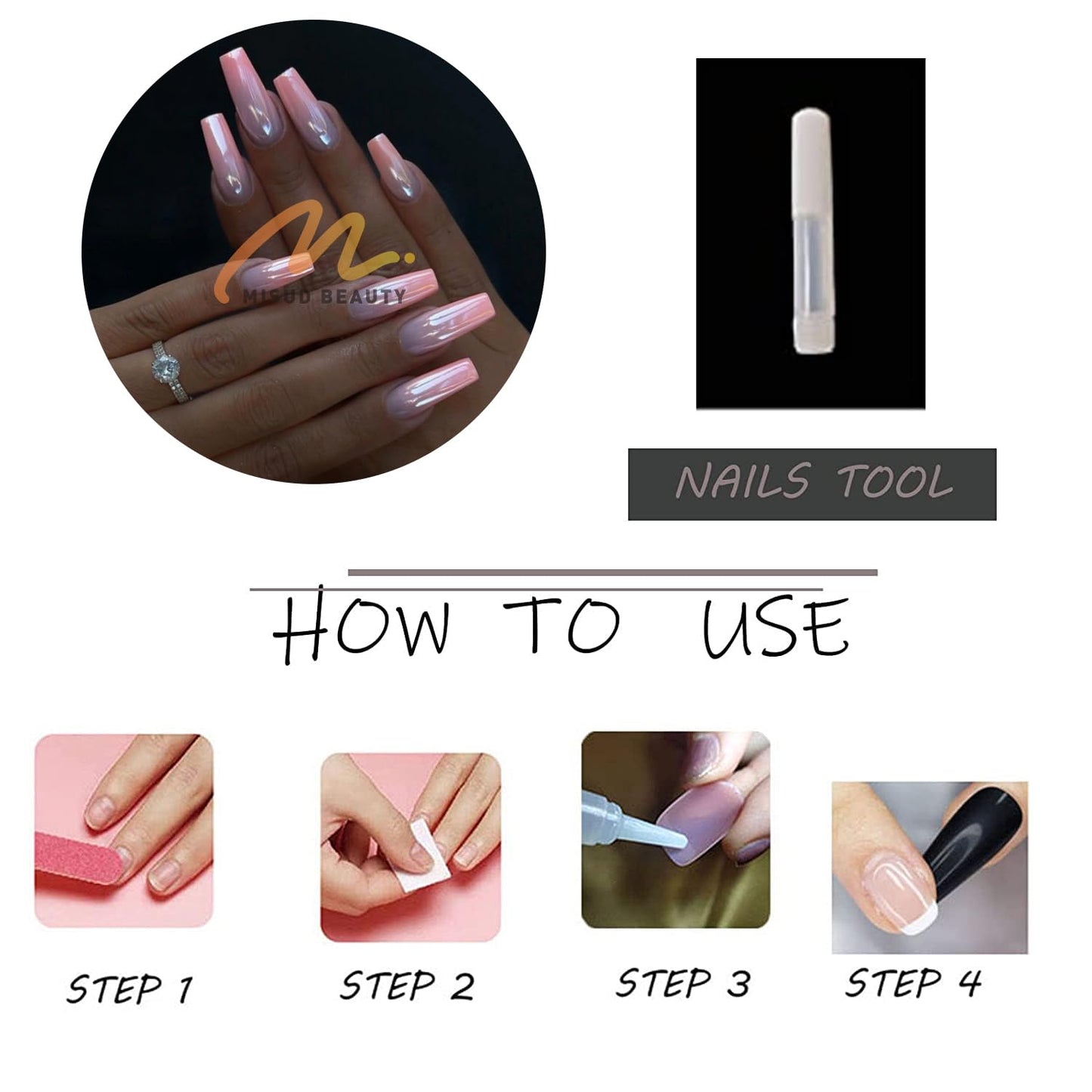 MISUD Press on Nails - Long Square Fake Nails with Pink Ombre, Acrylic Chrome Design 24 pcs