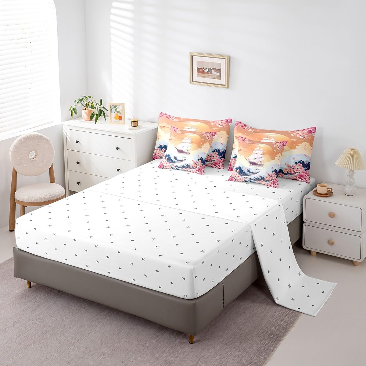 Erosebridal Japanese Ocean Waves Queen Bedding Set,Nautical Sailboat Comforter Set 7 Piece,Pink Cherry Blossom Bed in a Bag Sailing Boat Pirate Bed Set with Fitted Sheet,Flat Sheet,Pillowcases
