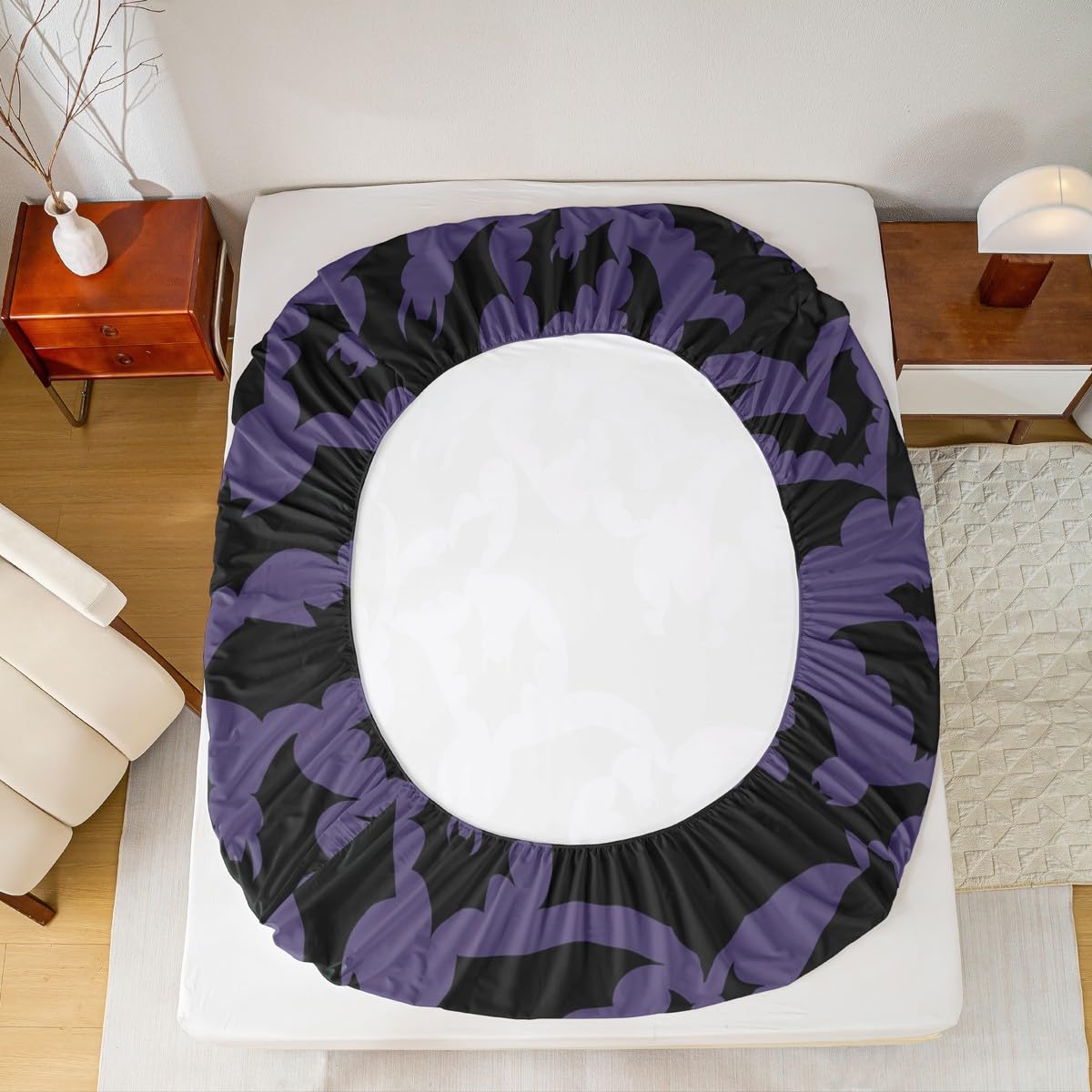 Castle Fairy Halloween Themed Full Fitted Sheet 4pcs,Black Bats Animal Print Bed Sheet Set for Girls Teens Bedroom,Dark Purple Color Polyester Bedding Set with 1 Flat + 2 Pillowcases