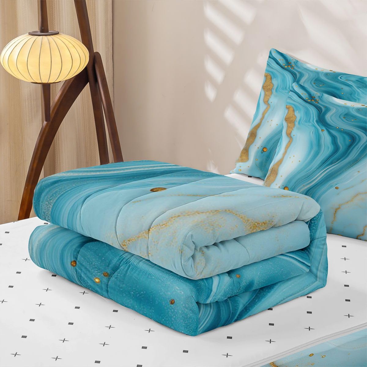jejeloiu Marble Print Zipper Bedding Twin Abstract Zipper Bedding Sets for Kids Boys Girls Aqua Blue Comforter Set with Fitted Sheet and 2 Pillowcases Marble Swirl Pattern Bedroom Decor
