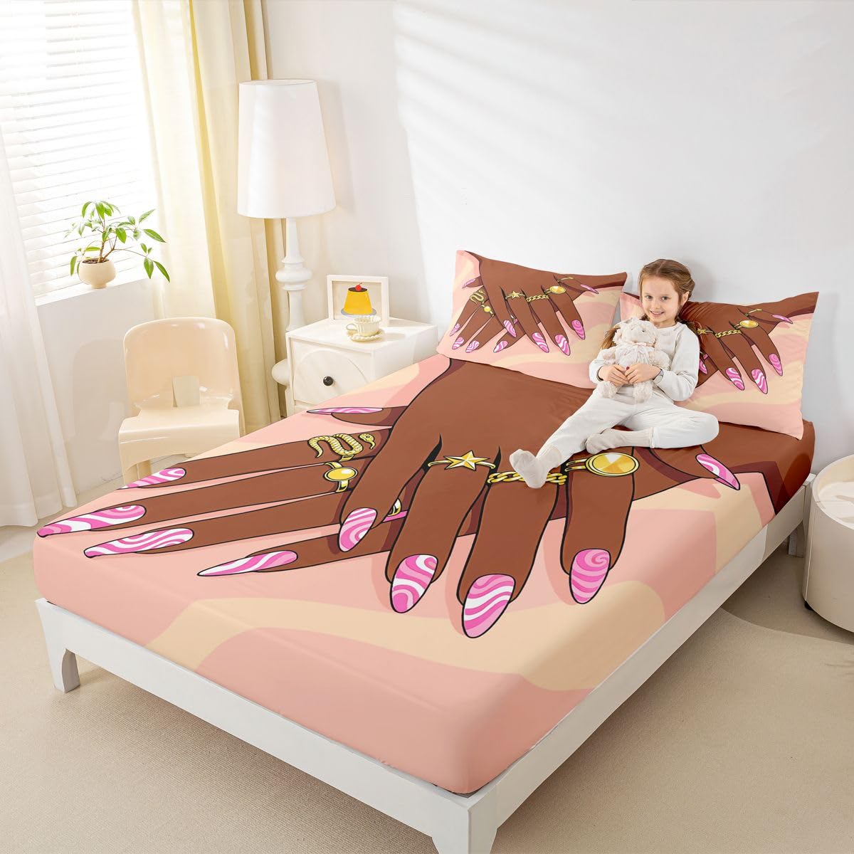 Erosebridal Romantic Makeup Themed Fitted Sheet Full Size for Girls Fashion Girlish Bedding Set Black Girls Bed Sheets for Kids Teens Adult Women Bedroom Afro Vogue Princess Magical Sheets