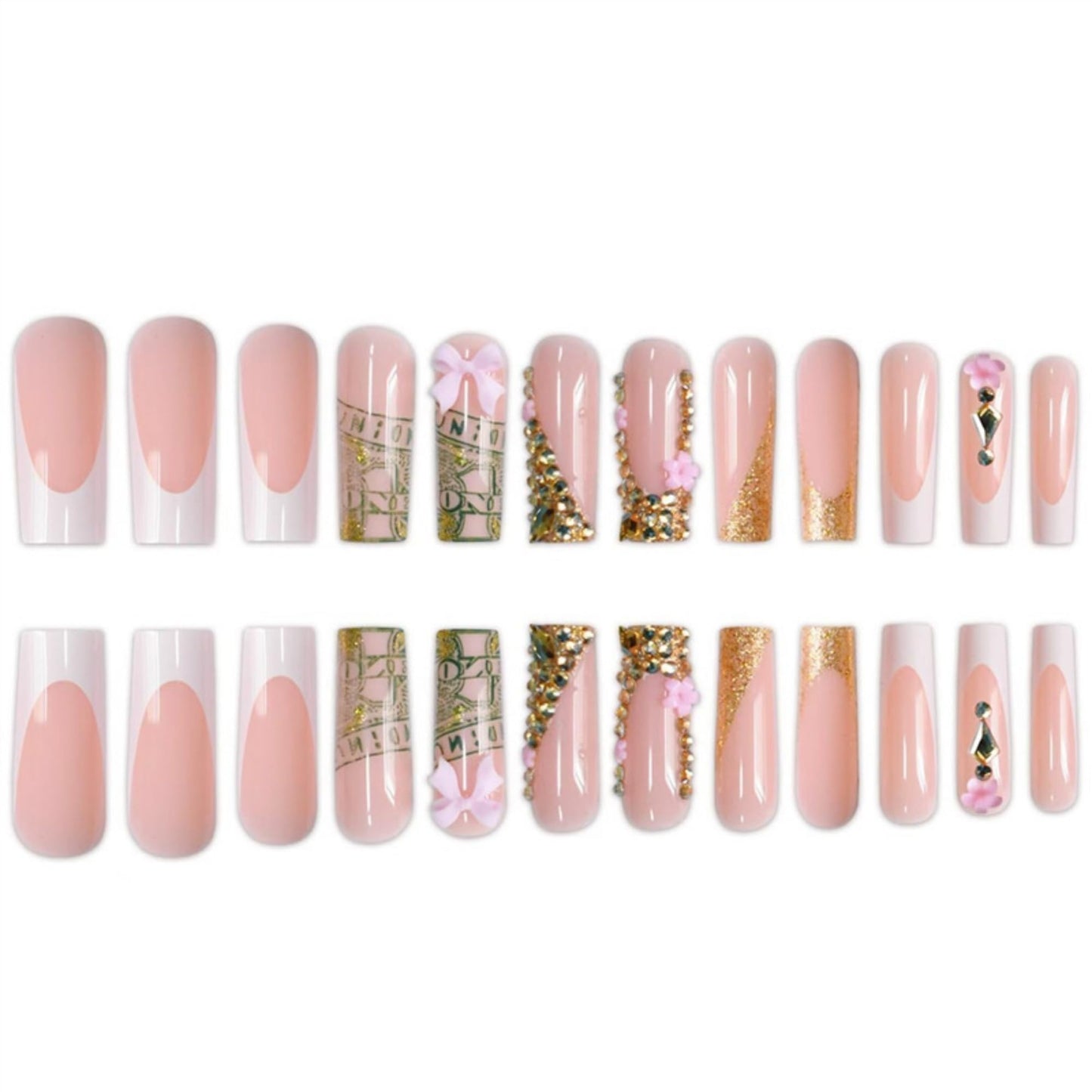 Long Press on Nails Square Fake Nails Extra Long Artificial Nail Rhinestones and Pink Bow Designs Stick on Nail for Women 24pcs