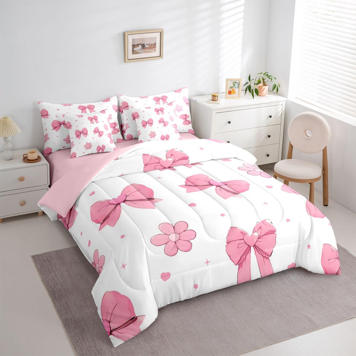 Erosebridal Pink Bows King 7 Piece Comforter Set for Girls Bedroom Bowknot Bedding Set Bed in A Bag Dreamy Coquette Bow Bed Set Girly Ribbon Heart Flowers Quilt Comforter with Sheets