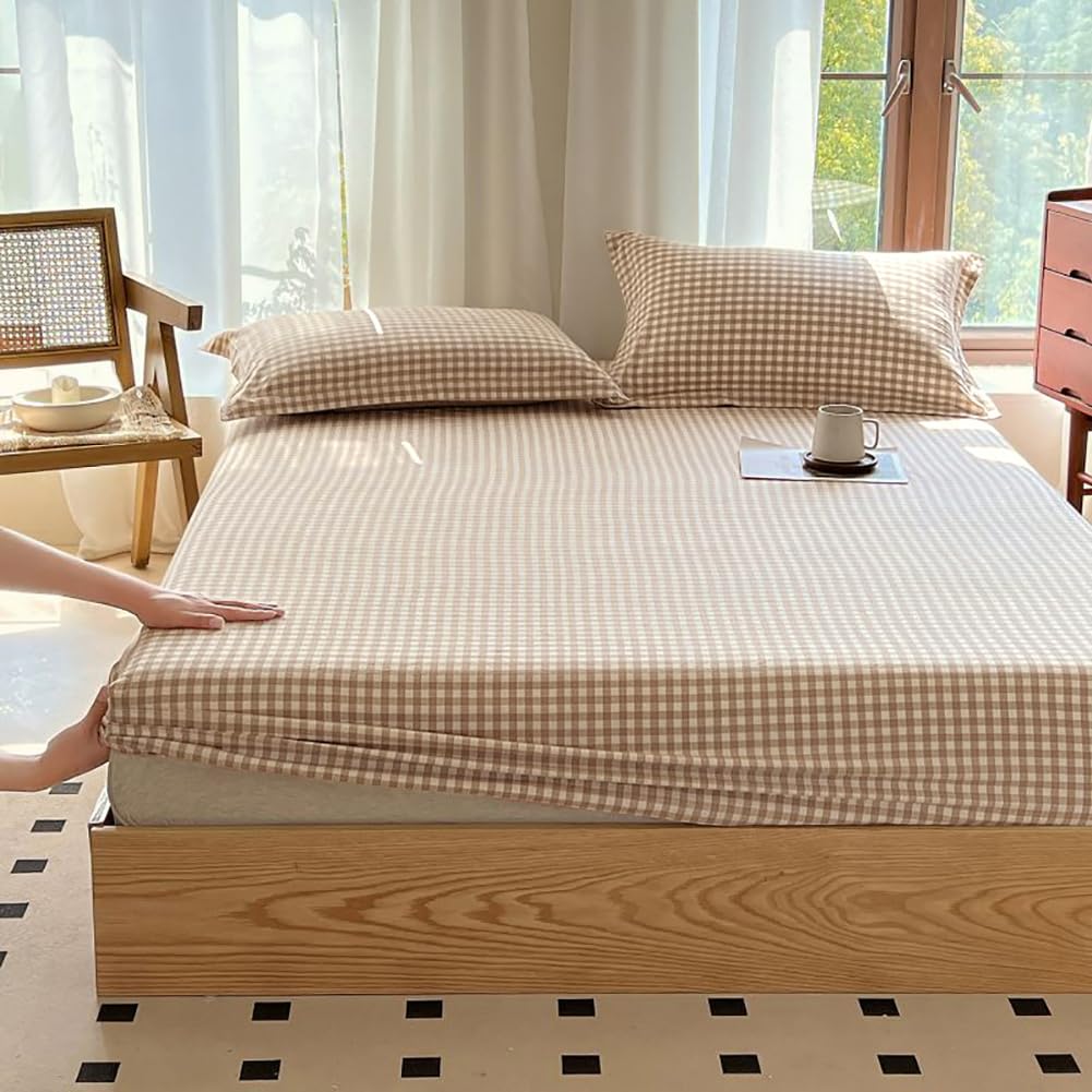Tan Gingham Fitted Sheet Queen 100% Washed Cotton Taupe Plaid Queen Bed Sheet Grid Single Bottom Sheet with 15" Deep Pocket Gingham Bedding Grid Sheet 1 Piece Cotton Breathable Mattress Cover