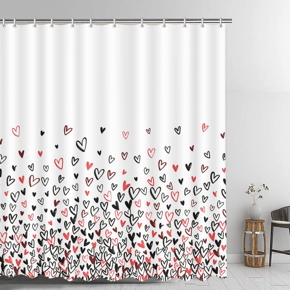 AIBIIN Black and Red Heart Shower Curtain for Bathroom Decorations with 12 Plastic Hooks Polyester Bathtub Decor Polyester Fabric Shower Curtains Set 72x72in