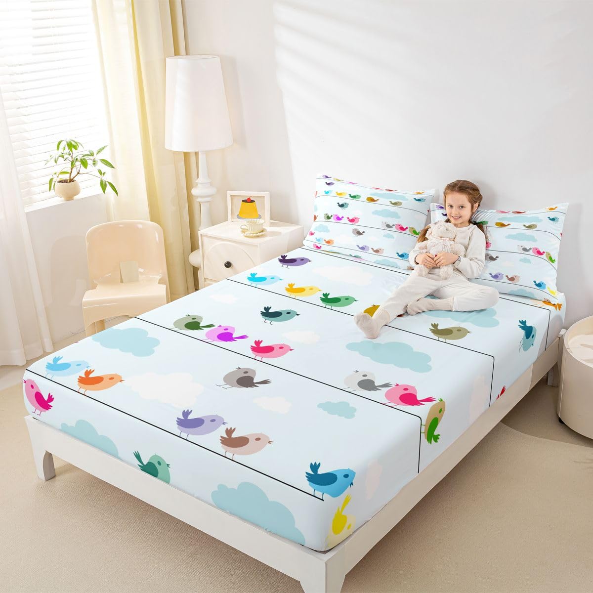 Erosebridal Kids Bird Bedding Sets King Size,Boys Girls Cute Cartoon Animals Bed Sheet Set Colorful Lovely Birds Sheet Set,Blue Sky White Clouds Fitted Sheet + Flat Sheet + 1 Pillow Case