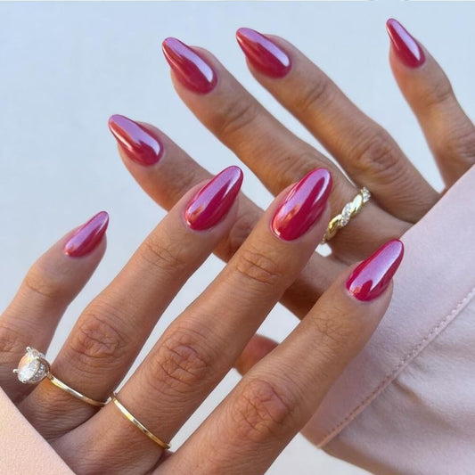 Hot Pink Chrome Press on Nails Medium Almond, KQueenest Iridescent Stiletto Fake Acrylic Nails With Holographic Mirror Effect Pearlescent Medium Glue on Nails False Nails Press ons for Daily Wear