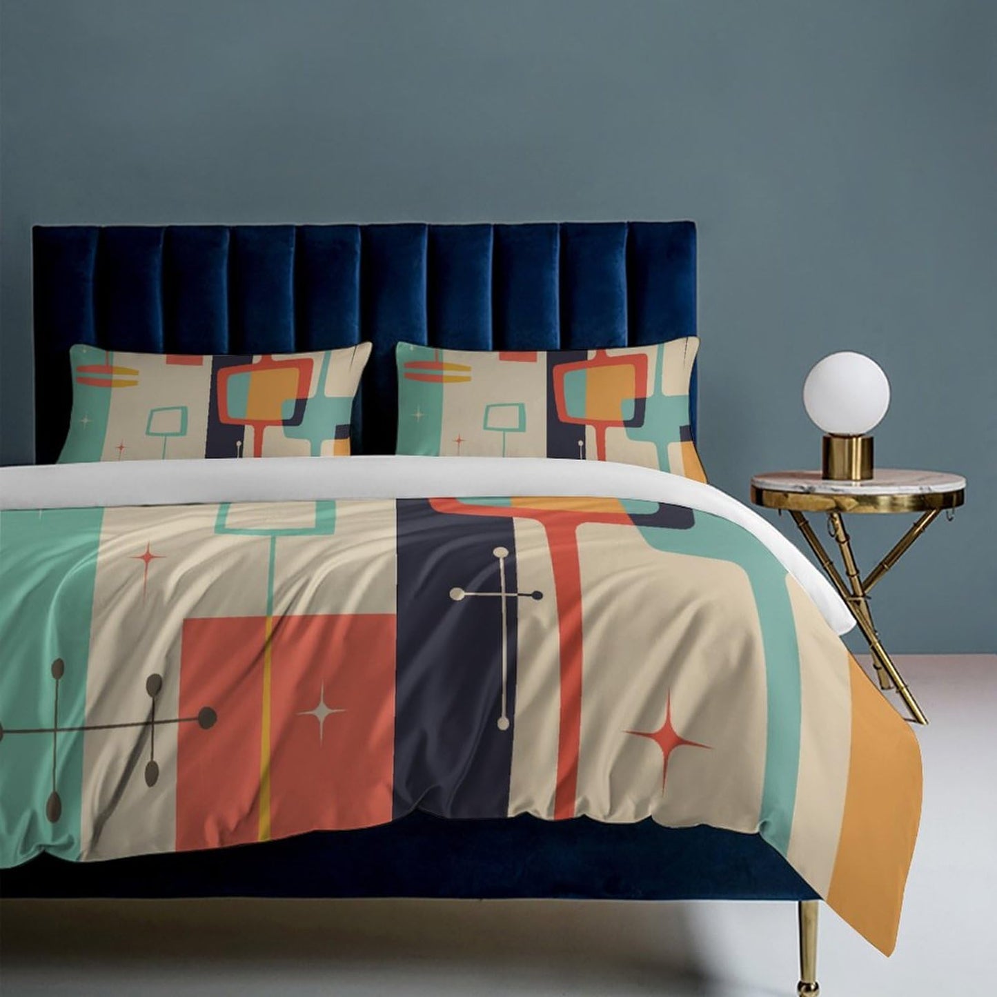 Mid Century Duvet Cover Queen Retro Atomic Bedding Set, Rainbow Grid Comforter Cover Vintage Fifties 1950s Bed Set，Abstract Art Bedding 3 Piece (1 Duvet Cover 86"x70" + 2 Pillow Sham 20"x30")