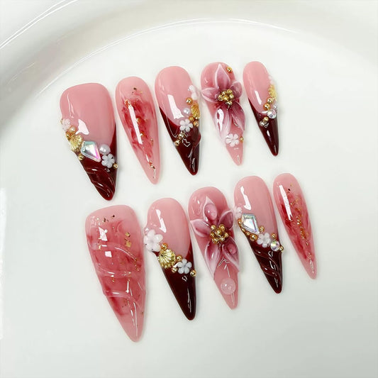 10pcs Handmade Press on Nails Long Stiletto False Nails Red French Tip Fake Nails with 3D Flower Designs Sparkly Charm luxury Artificial Nails Reusable for Women (Size M）