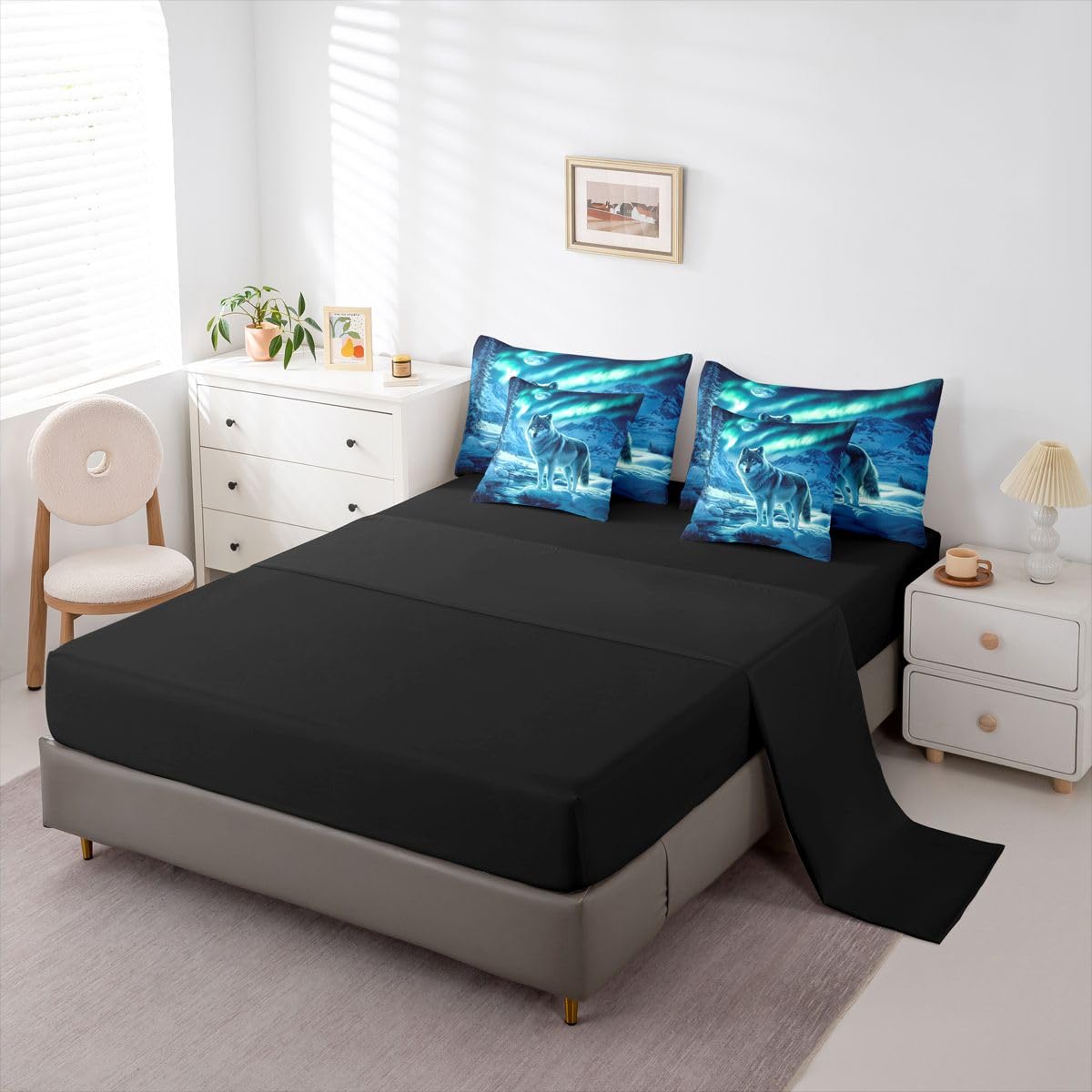 Feelyou Wolf Comforter Set with Sheets 7 Piece Queen Size Wolves Howling Bed in a Bag Kids Boys Girls Western Farmhouse Bedding Set Wild Animal Bedroom Decor Breathable Soft Microfiber