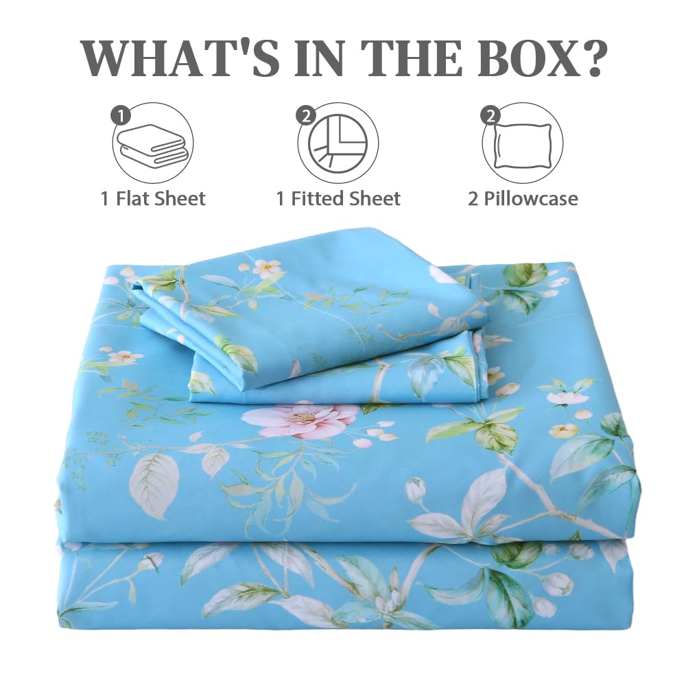 MUXHOMO Full Size 4 Piece Sheet Set, Soft & Breathable Sheet Set for Bedroom with Deep Pocket Up To 16", Wrinkle-Free & Cooling Bed Sheet with Flat Sheet, Fitted Sheet & Pillowcases - Magnolia Blossom