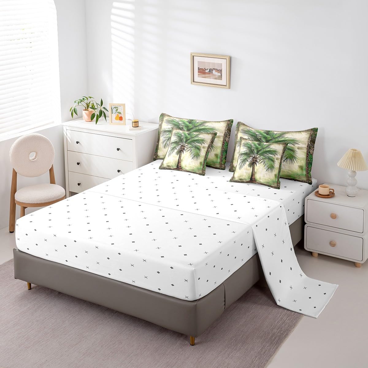 Feelyou Green Palm Tree Print 7 Pieces Bedding Set Palm Leaf Twin Comforter Set with Sheets for Boys Girls Kids Room Decor Beach Theme Bed in a Bag Hawaiian Beach Bed Set Botanical Nature Theme