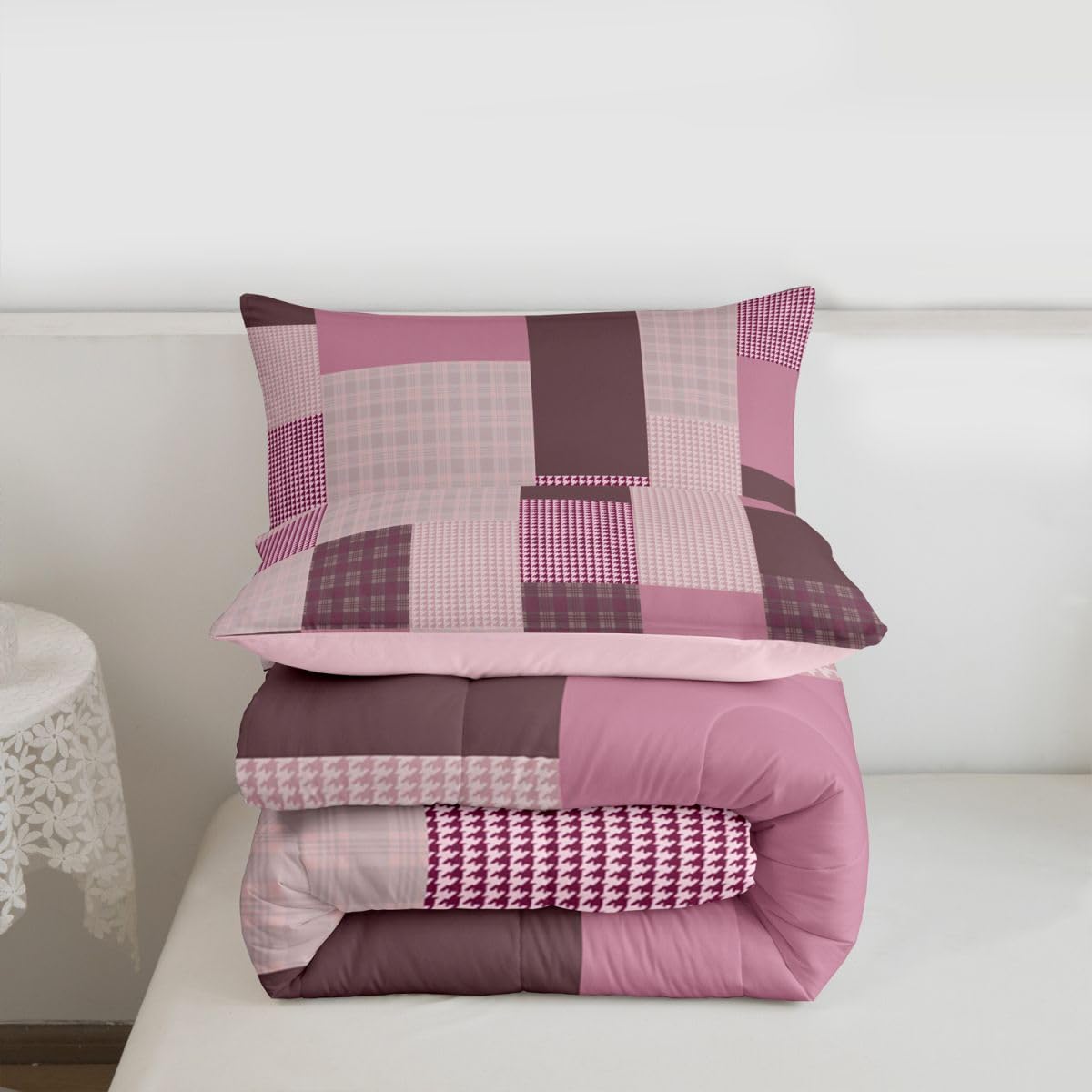 jejeloiu Plaid Bedding Set Soft for Boys Girls, Patchwork Comforter Set Queen Size Check Checkered Duvet Quilt Microfiber Grid Geometric Bedroom Decor 3 Pcs with 2 Pillow Cases