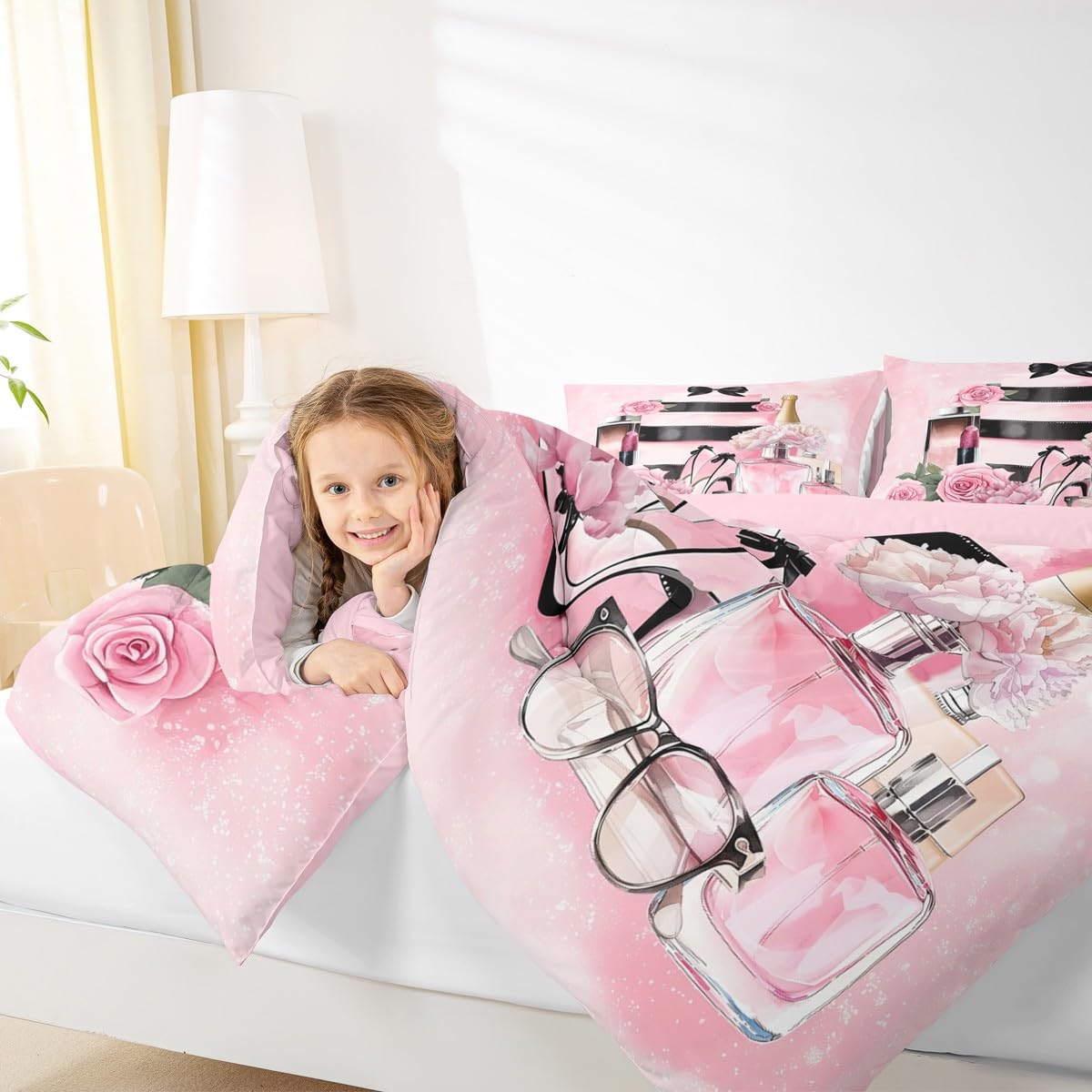 Erosebridal Fashion Luxury Girly Comforter King Size Pink Floral Bedding Set for Girls Women Kids High Heel and Perfume Bed Sets Boho Coquette Trendy Elegant Aesthetic Duvet Insert,Pink and Black