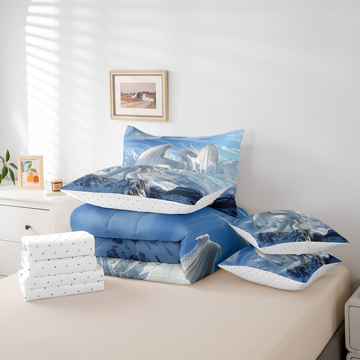 7 Pieces White Dragon Comforter Set Queen,Snow Mountain Wild Animal Bed Set for Kids Boys Girls,Western Dragon Bedding(1 Comforter,1 Fitted Sheet,1 Flat Sheet,2 Pillowcases,2 Throw Pillow Cover)