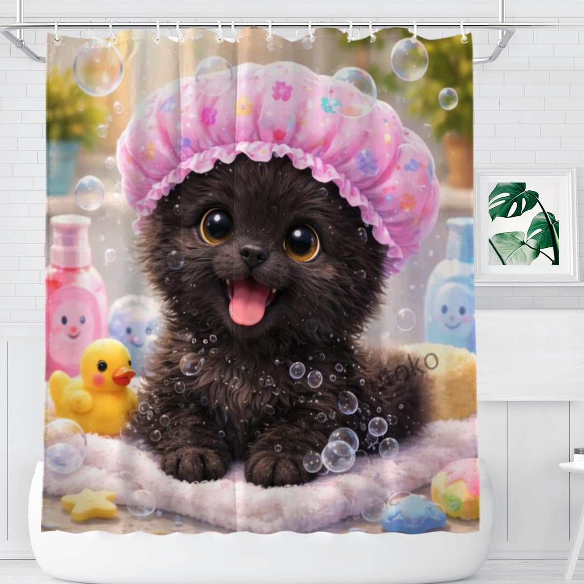 Youtoko Shower Curtain Funny Bath Black Cat Bathroom Decor Bubble Bath Rubber Duck Pink Shower Cap Cute Animal Waterproof Washable with 12 Hooks Polyester 72x72 Inch
