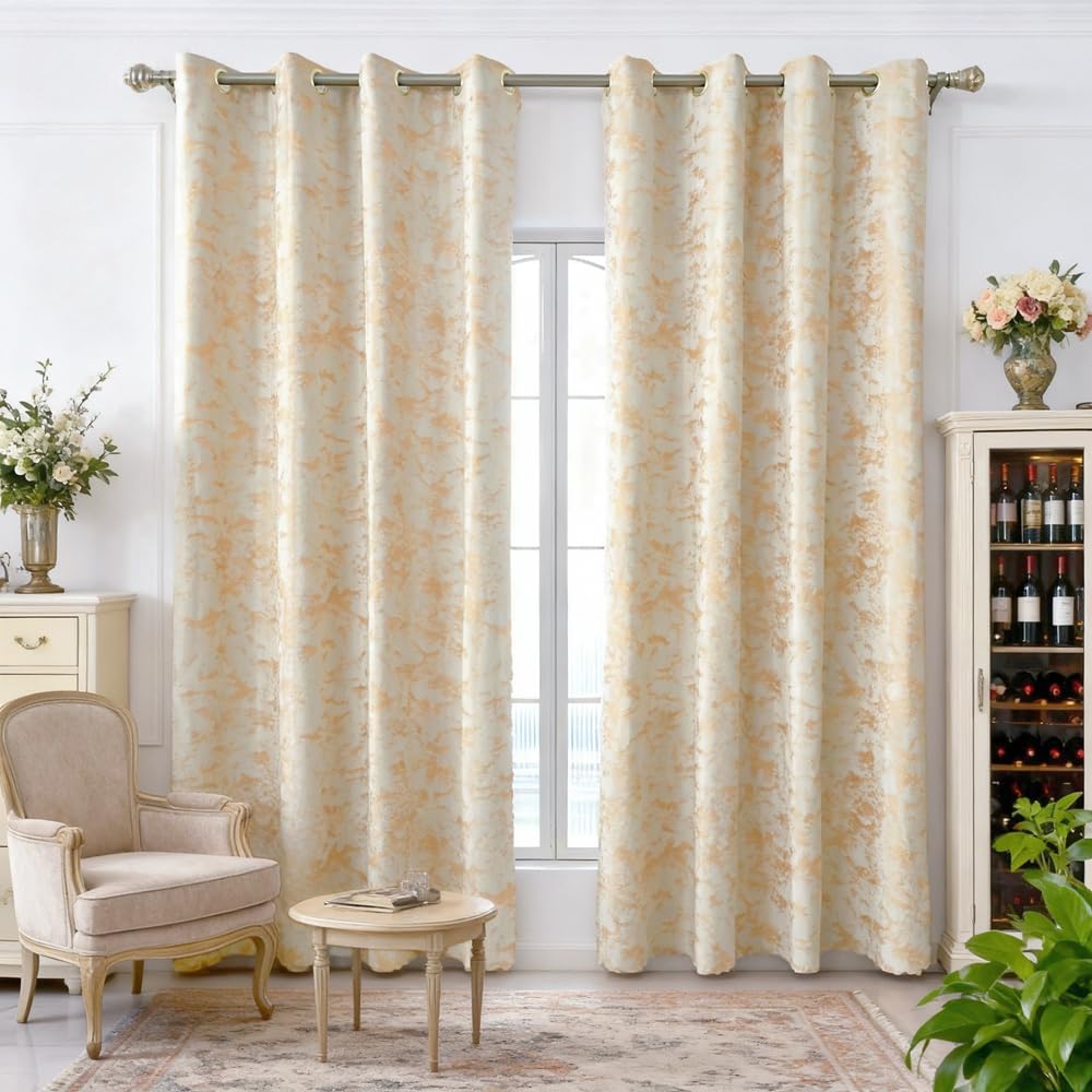 Amidoudou 1 Pair Nordic Style Luxury Velvet Curtains for Living Room Beige and Gold Bedroom Curtains (Beige,54x96 Inch)