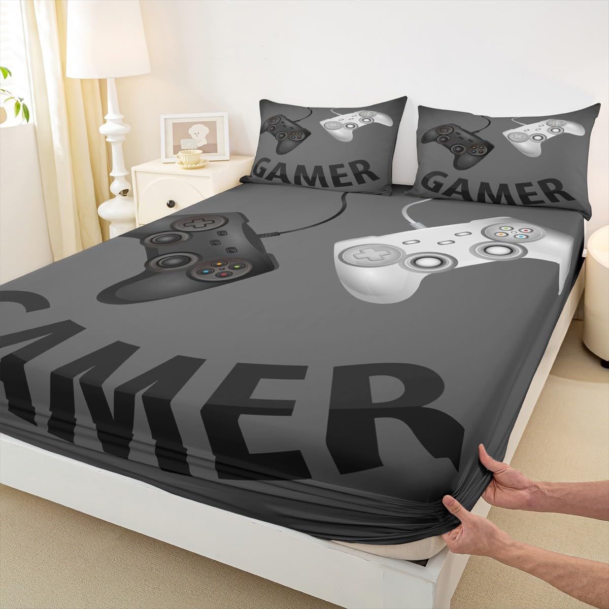 Erosebridal Gamepad Bedding Set Twin Size for Kids Boys Girls, Video Games Decor Bed Cover Gaming Controller Fitted Sheet Gamer Theme Fitted Sheet Set, Child Teens Gift Present, Black