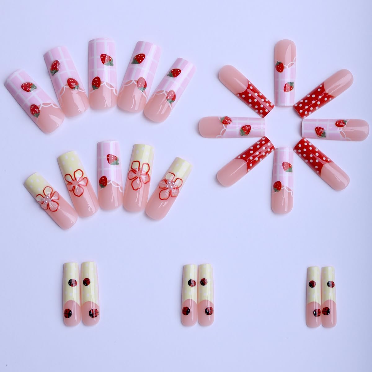 plalely Square Press on Nails Long Pink Stick on Nail Tips with Embossed StrawberryNails Press ons CutePress on False Nails for Women 24pcs