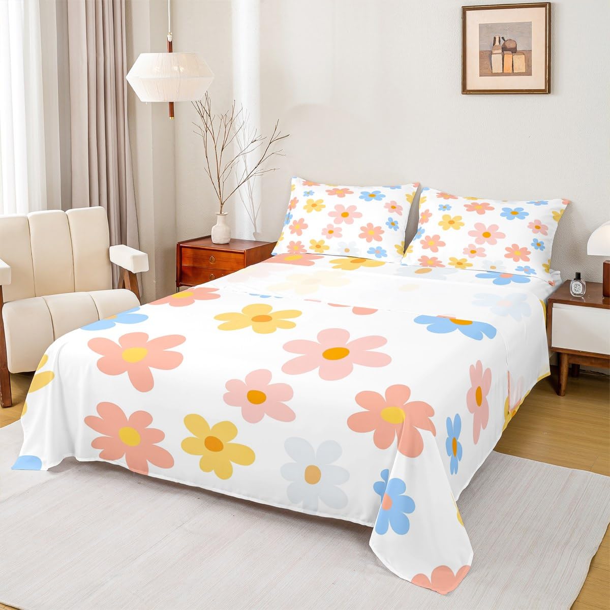 Feelyou Kids Cute Flower Sheet Set Twin Size, Cartoon Floral Printed Bedding Set Wildflower Pink Bed Sheets Set Boys Girls Kawaii Teens Bedroom Decor Microfiber Soft Bed Set