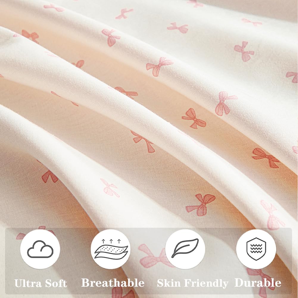 Jolusere Bow Duvet Cover Queen Size 100% Cotton Duvet Cover Set Girls Kids Reversible Pink Beige Comforter Cover 3 Pieces Soft & Breathable Pink Bowknot Bedding Set with 2 Pillowcases, Zipper Closure