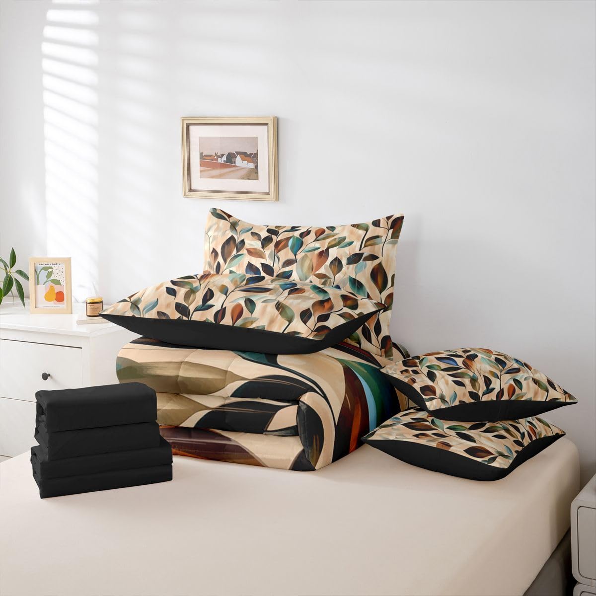 Erosebridal Leaves 7 Pcs Bedding Set Queen Vibrant Floral Comforter Set with Sheets Boho Farmhouse Bed in A Bag Retro 70S Theme Bedroom Decor