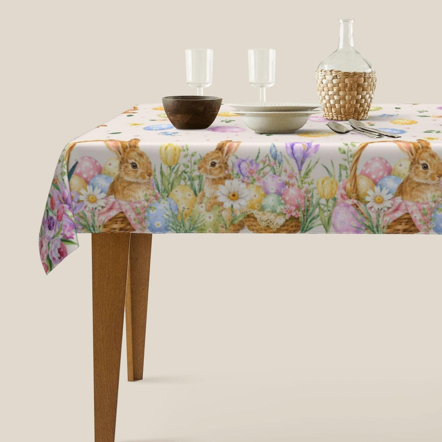 mutakin Easter Eggs Tablecloth Bunny Egg Rectangle Table Cloth Washable Table Cover Waterproof for Decoration Kitchen Dining Room 60x90 Inch