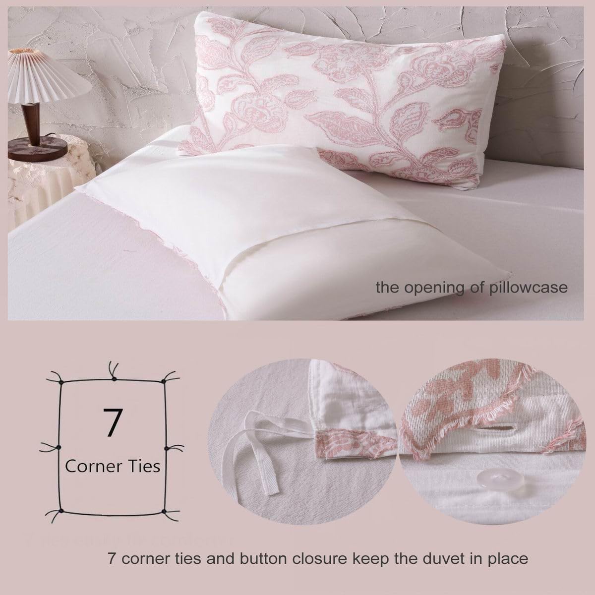 meadow park Cotton Clipped Jacquard Duvet Cover Set King, 3 Pieces Jacobean Floral Bedding Set (Pink, King)