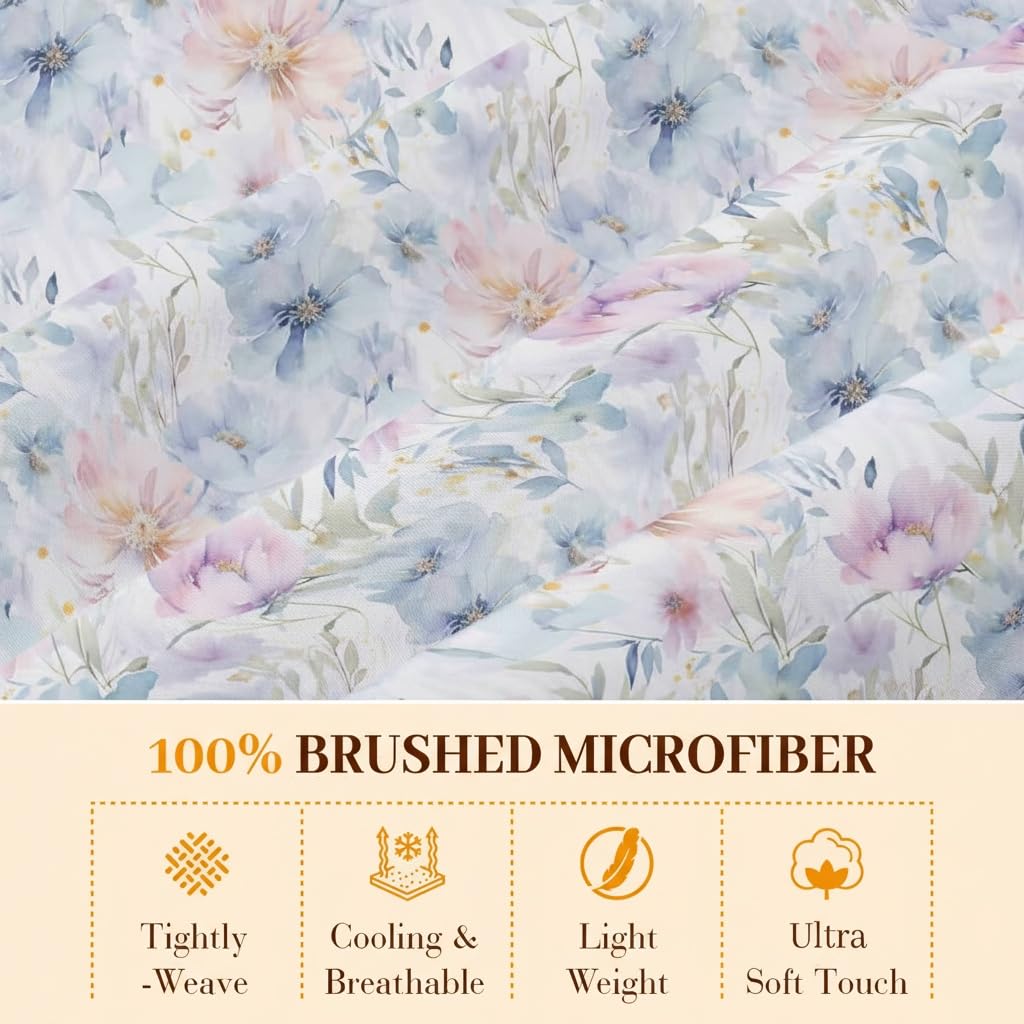YIYEA Floral Fitted Sheet Only, Premium Double Brushed Microfiber Deep Pocket Fitted Sheet Queen Size, Ultra Soft Fitted Bottom Sheet, Shrinkage, Fade Resistant, Queen