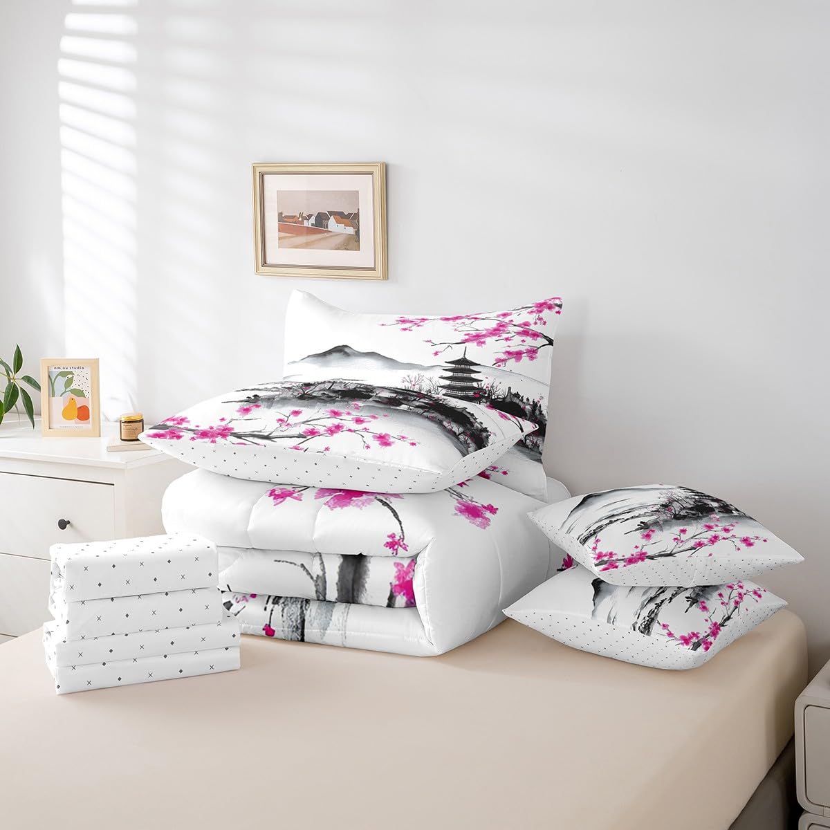 jejeloiu Japanese Comforter Set 7 Pieces Full Size Kids Cherry Flower Bed in a Bag for Boys Girls Ink Painting Bedding Set Traditional,Comforter + Sheets + Pillowcases + Cushion Covers
