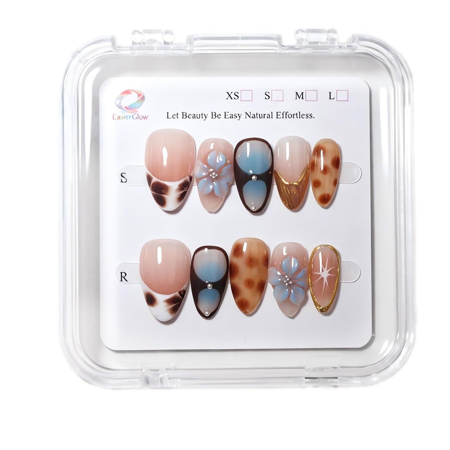 EasierGlow 10 Pcs Handmade Short Almond Press On Nails - Easy Apply & Remove, Reusable Salon Quality | Y2K Tortoise Shell Press Ons with 3D Flower, Starburst & Gold Foil Accents(UO10, S)