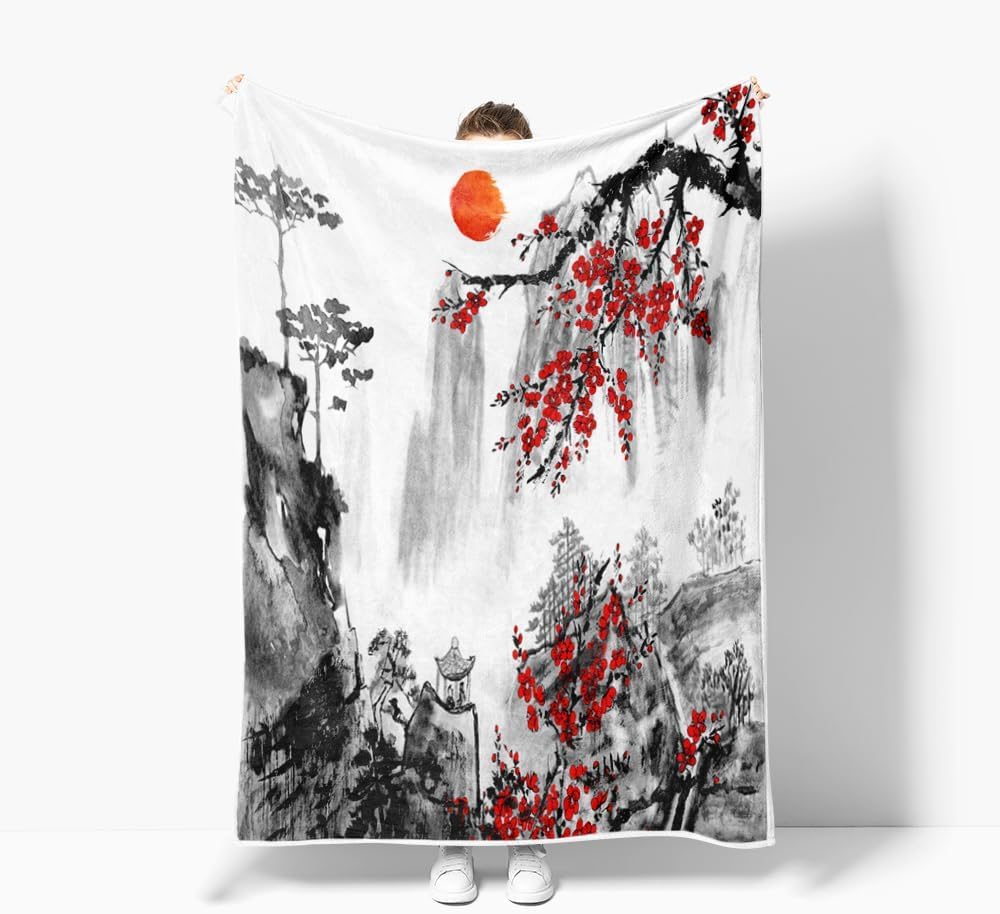 Japanese Blanket, Japanese Cherry Blossom Anime Blanket, Asian Ink Painting Asian Blankets, Red Plum Blossom & Mountain Landscape Soft Cozy Blankets for Couch, Bed, Office, Home Decor, 50X60 inch
