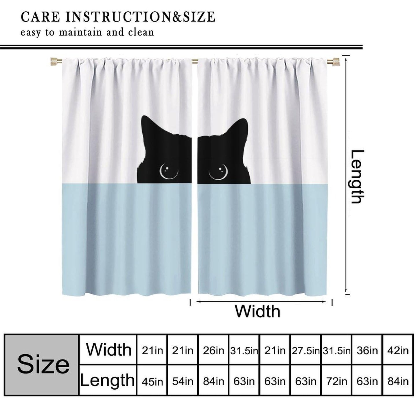 JADERYS Funny Cat Curtains Cartoon Cute Pet Animal Black Cat White Blue Bedroom Living Room Bathroom Blackout Rod Pocket Decoration Window Drapes 2 Panels W21xL45in