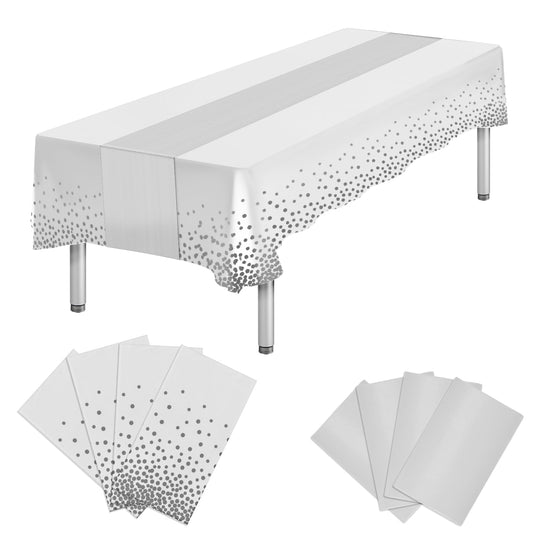 8 Packs Plastic Table Cloth Rectangle Table Disposable and Satin Table Runner, White and Silver Tablecloth Table Runner Cover for Baby Shower Birthday Wedding Anniversary Engagement Party Decorations