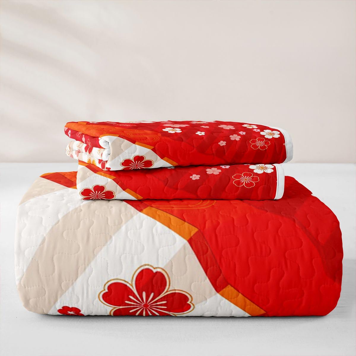 Erosebridal Japanese Style Fan Quilts Twin Size - Japan Fan Cherry Blossoms Bedspread Coverlet Set, Asian Themed Quilt Coverlets 2Pcs (Only 1 Pillowcase)
