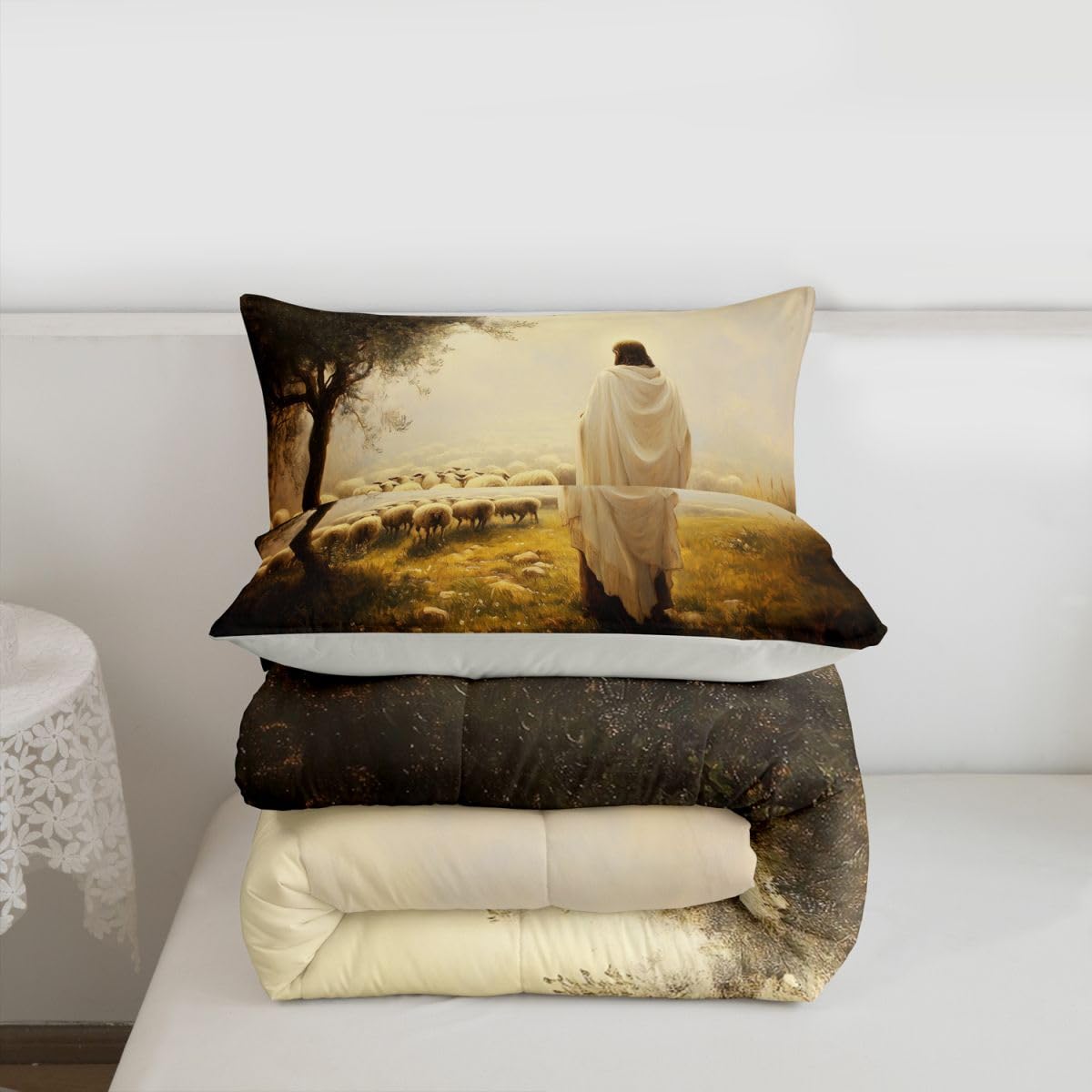 Manfei God and Lamb Girls Bedding Set Twin Size,Spiritual Western Belief Comforter Set,Modern Artwork Bible Verse Quilt Comforter Girls Boys Teens,Yellow Beige Room Decor All Season,1 Pillowcase