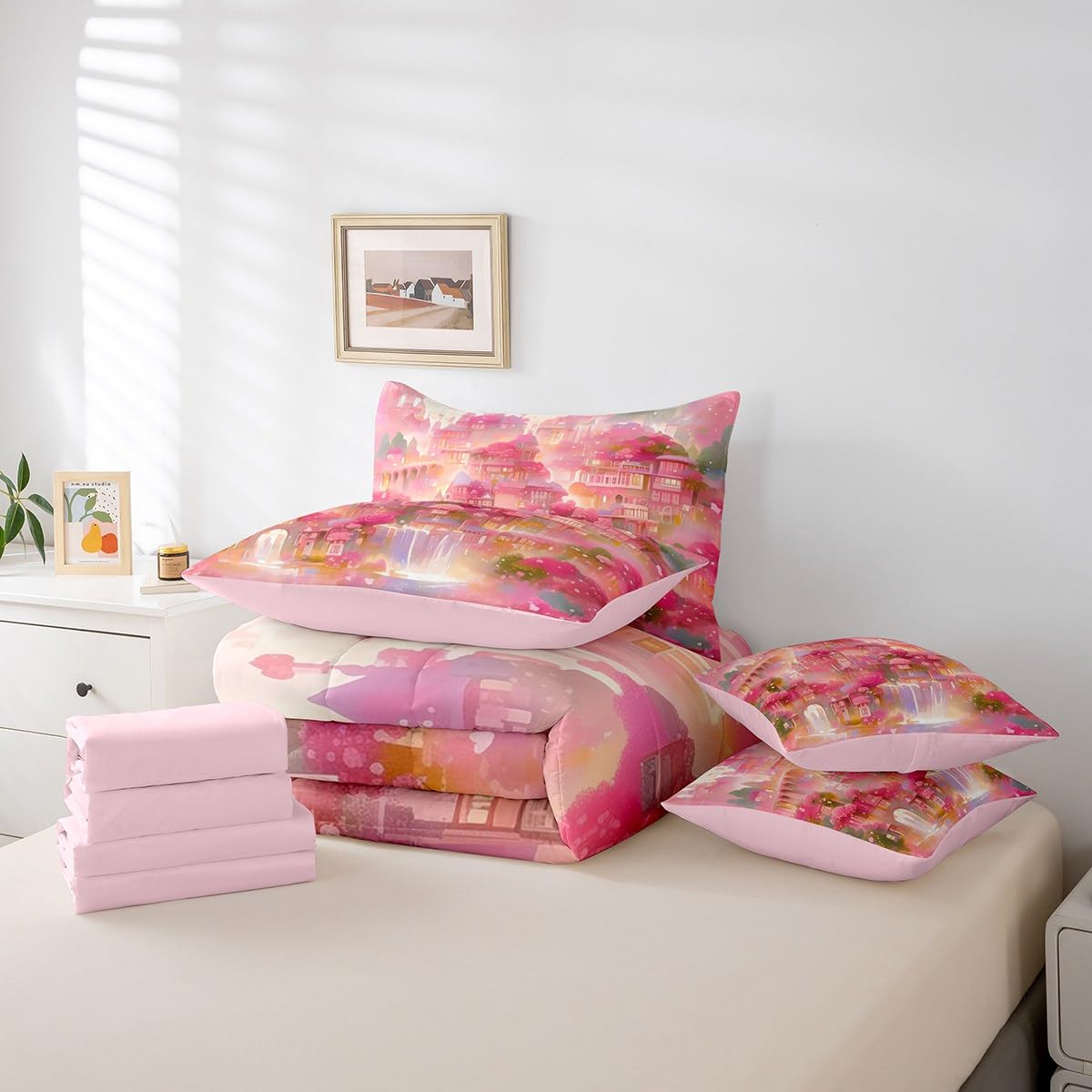 Erosebridal Rose Castle Comforter Set King,Dreamy Sea of Floral Bedding Set 7Pcs for Kids Girls Teens,Princess Fantasy Mysty Bed in a Bag