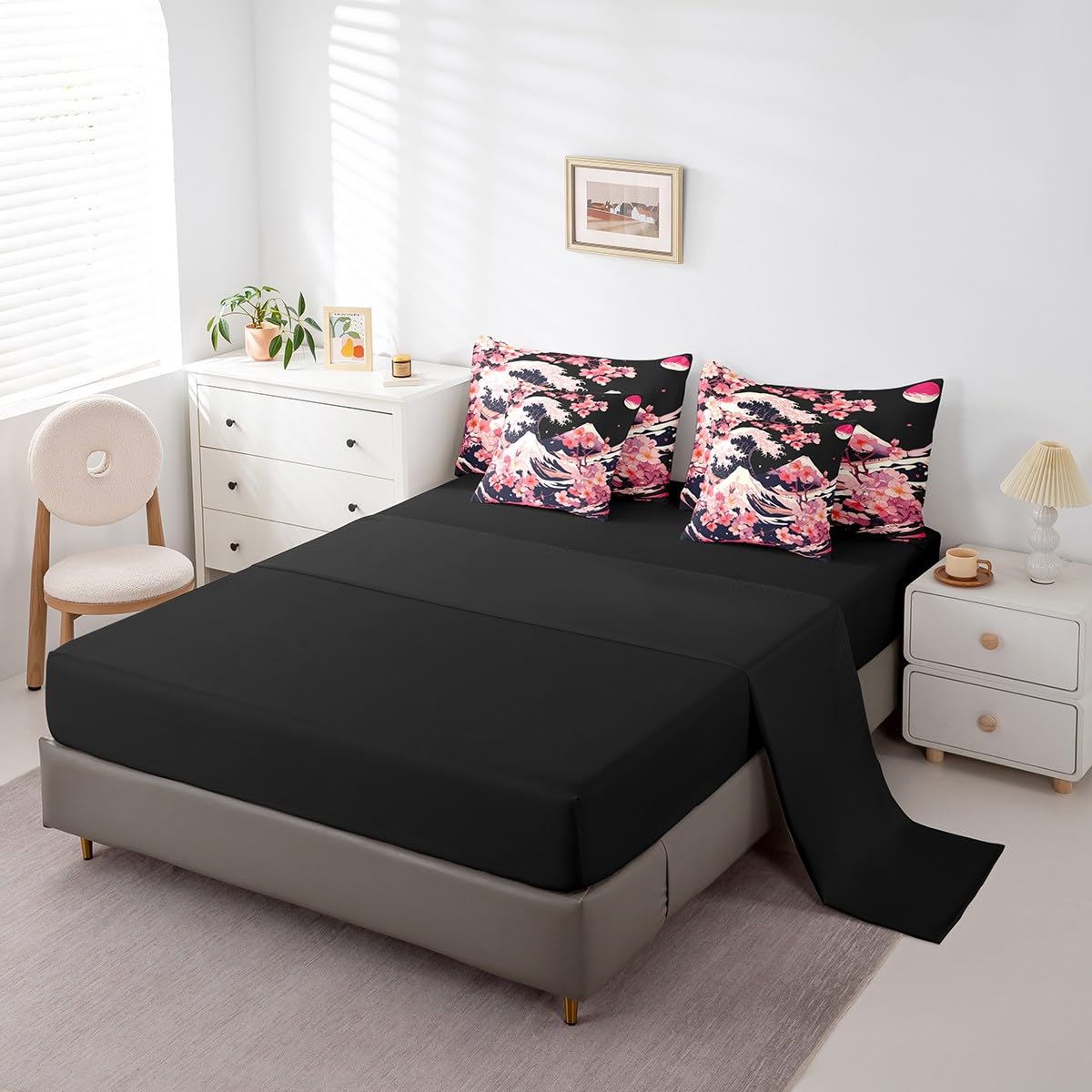 Erosebridal Pink Cherry Blossom Queen Comforter Set 7 Piece,Japanese Style Bedding Set for Girls Women Kids,Ocean Waves Bed Set Mountain Scene Bed in a Bag with Fitted Sheet,Flat Sheet,Pillowcases