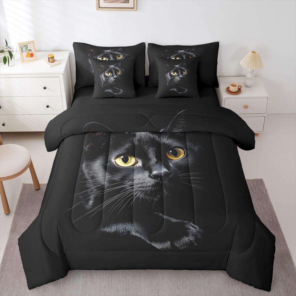 Erosebridal Black Cat 7-Piece Bedding Set Full Size 3D Cat Bed in a Bag for Kids Girls Boys Cats Lover Cute Farmhouse Domestic Pet Animal Comforter Set with Sheets Cute Cats Duvet Insert