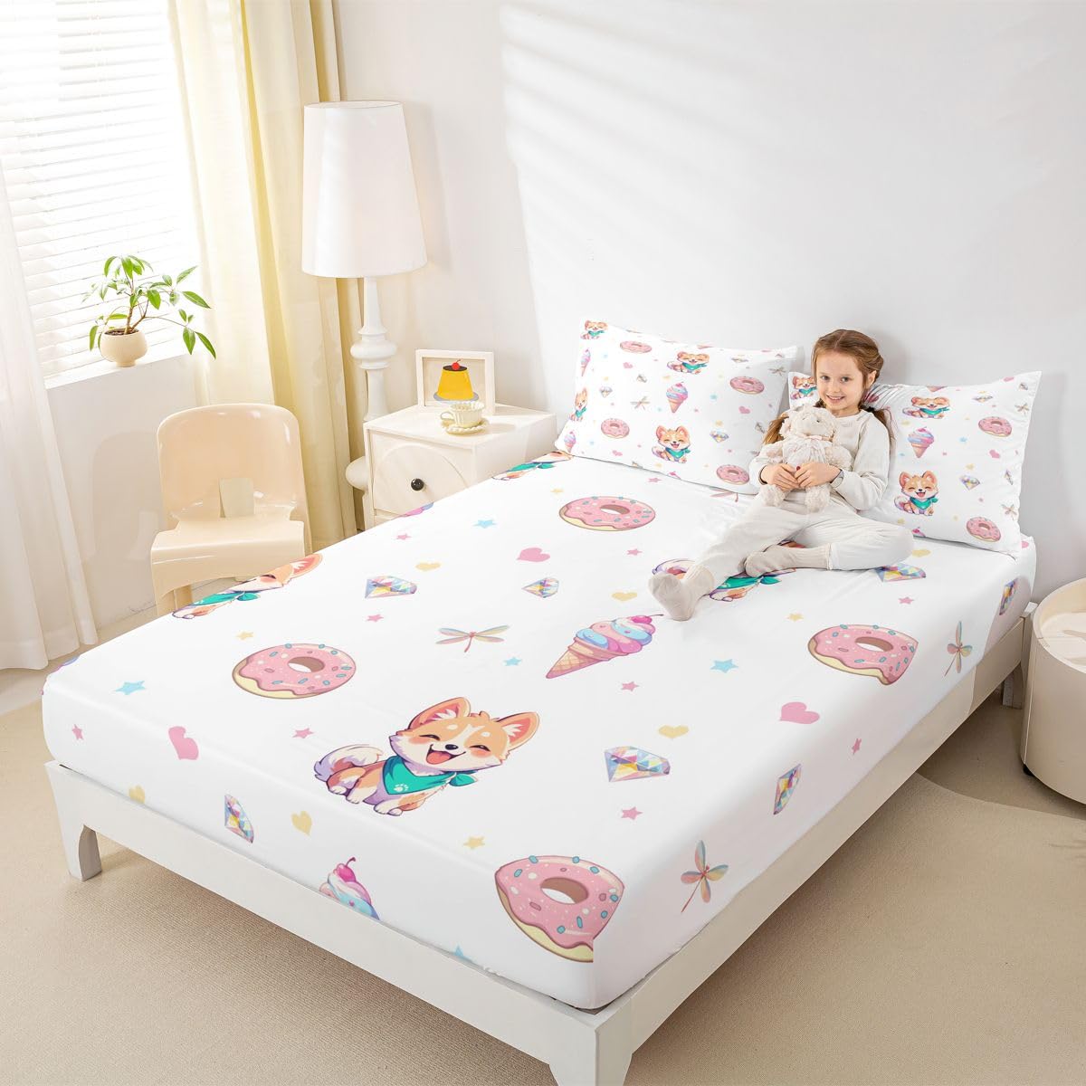 Castle Fairy Cartoon Dog Fitted Sheet Queen Size (No Flat),Sweety Ice Cream Bedding Sets 3Pcs,Girls Boys Adult Room Decor,Dragonfly Diamond Bed Cover Love Heart Deep Pocket Sheet,2 Pillowcases